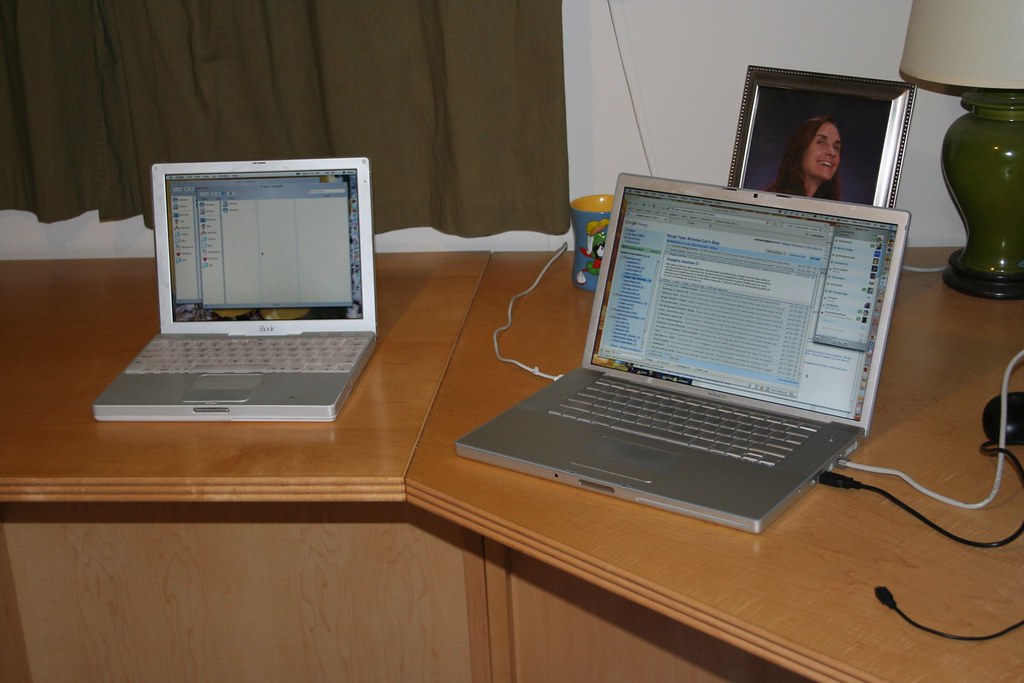A home office desk with a laptop open during a video call, beside a monstera plant catching morning light